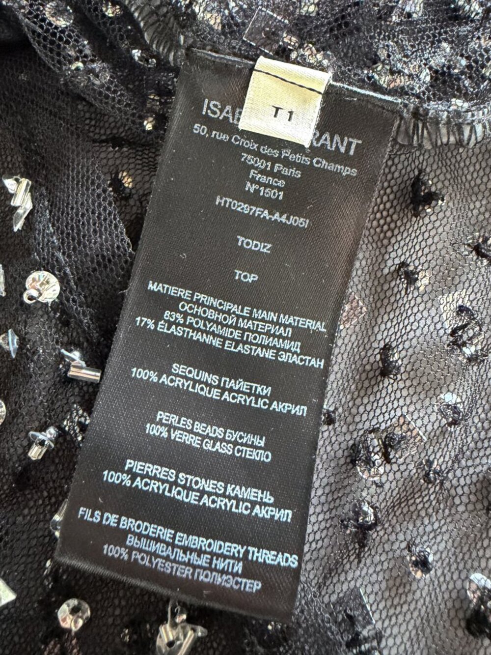 Isabel Marant Todiz Crystal Embellished Tulle Top Silver Black Size T1 US 4 NWT - Picture 8 of 12